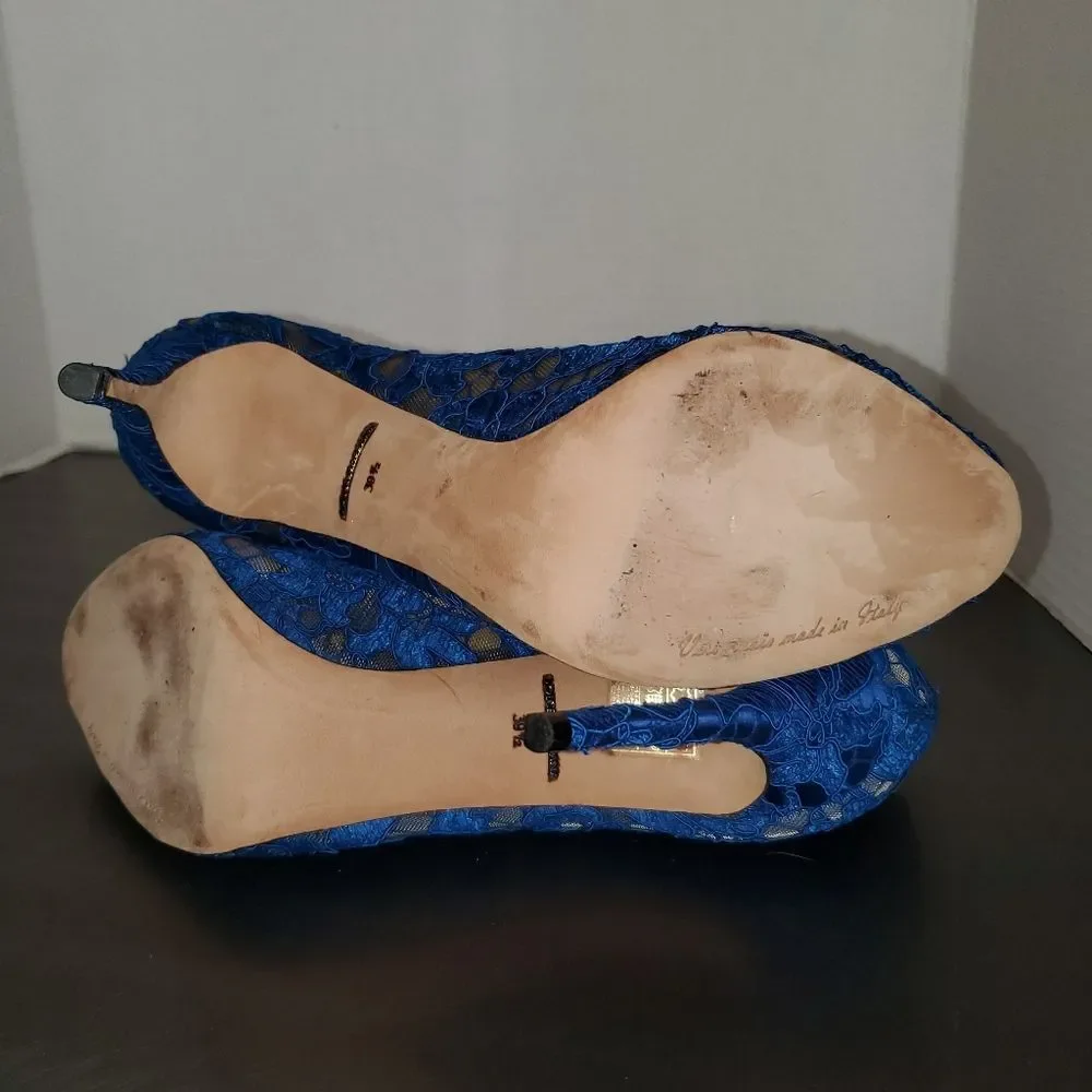DOLCE & GABBANA Taormina Lace Crystals Blue Peep Toe Pump Heel Twee 39.5 - Picture 11 of 15
